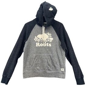Roots Canada Womens Kanga Hoodie Pullover Size M Gray Black Raglan Beaver‎ Logo